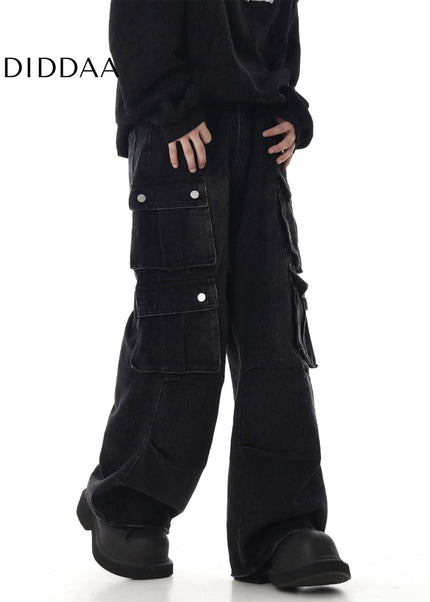 Black Vintage Multi-Pocket Cargo Jeans Loose Fit - Women’s Jeans