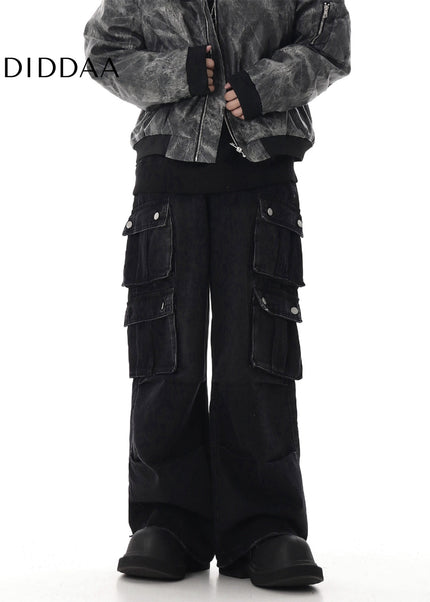 Black Vintage Multi-Pocket Cargo Jeans Loose Fit - Women’s Jeans