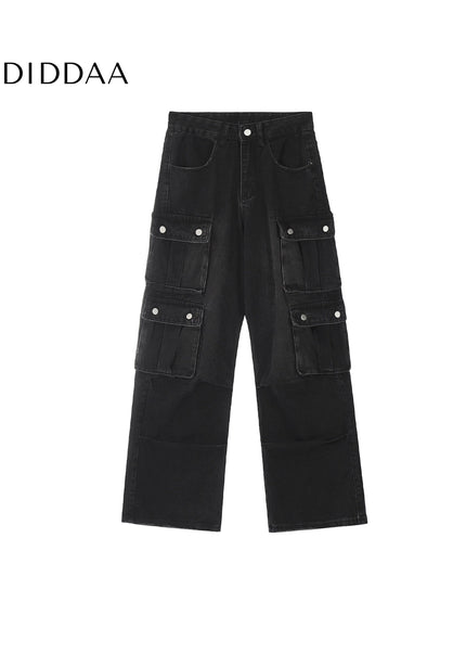 Black Vintage Multi-Pocket Cargo Jeans Loose Fit - Women’s Jeans