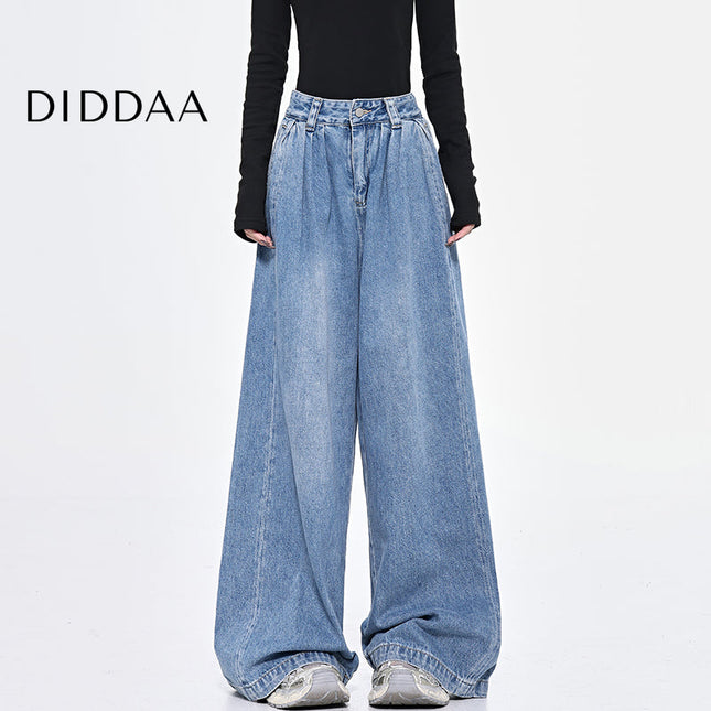 Black Vintage Pleated Wide-Leg Jeans for Women - S / Mid Blue - Women’s Jeans