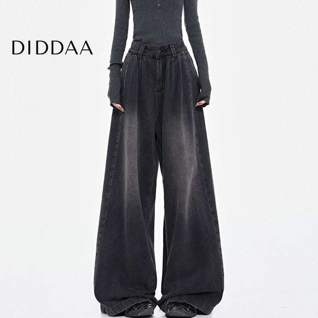 Black Vintage Pleated Wide-Leg Jeans for Women - S / Black - Women’s Jeans