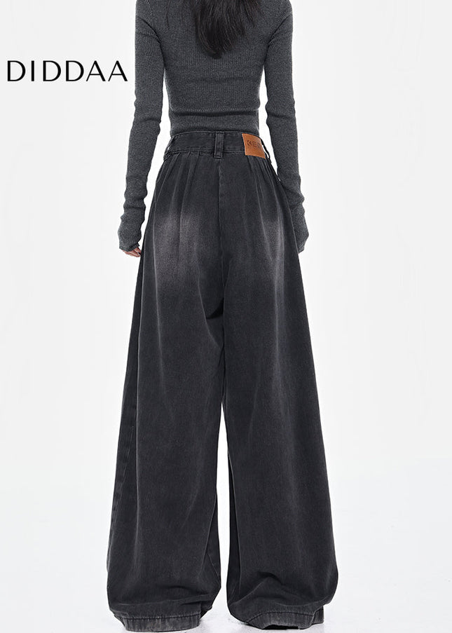 Black Vintage Pleated Wide-Leg Jeans for Women - Women’s Jeans