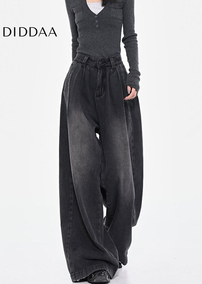 Black Vintage Pleated Wide-Leg Jeans for Women - Women’s Jeans