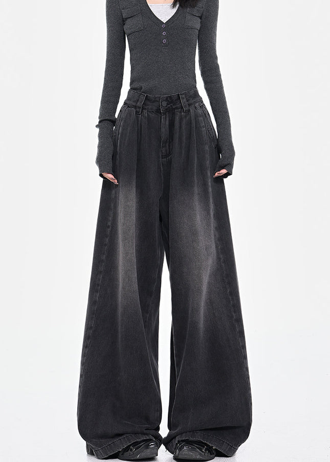 Black Vintage Pleated Wide-Leg Jeans for Women - Women’s Jeans