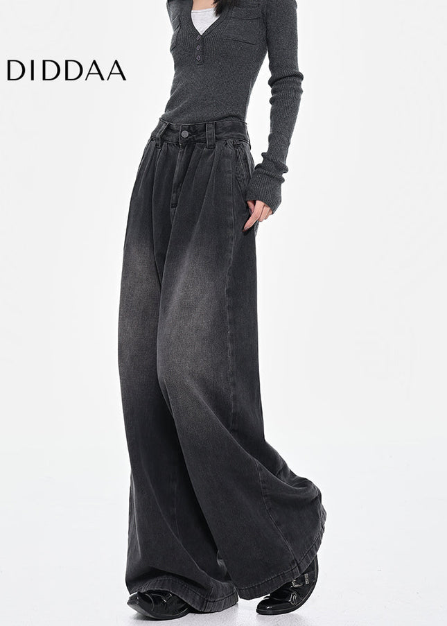 Black Vintage Pleated Wide-Leg Jeans for Women - Women’s Jeans