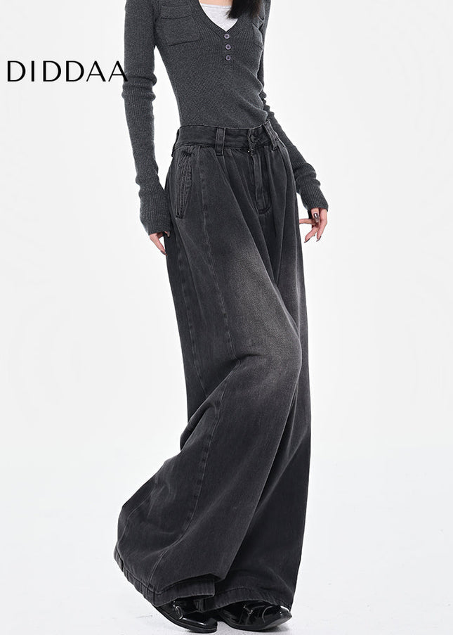 Black Vintage Pleated Wide-Leg Jeans for Women - Women’s Jeans