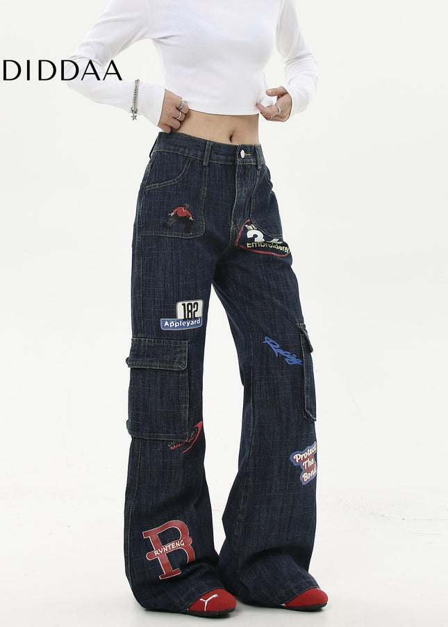 Black Vintage Stamp Print Bootcut Cargo Jeans - Women’s Jeans