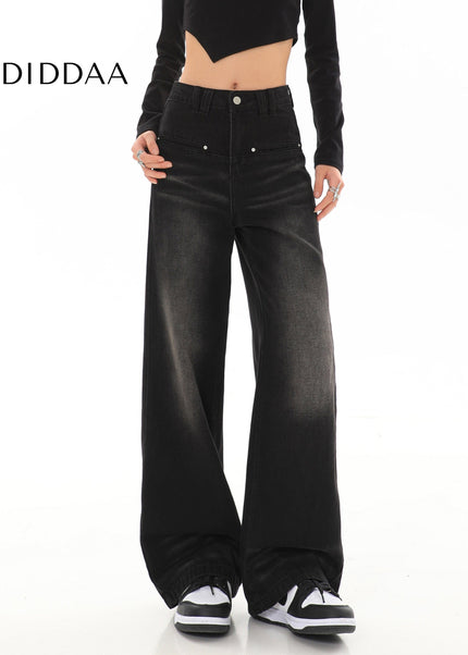 Black Vintage Wash High Waist Straight Leg Jeans - Women’s Jeans