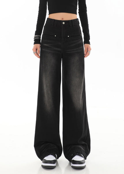 Black Vintage Wash High Waist Straight Leg Jeans - Women’s Jeans