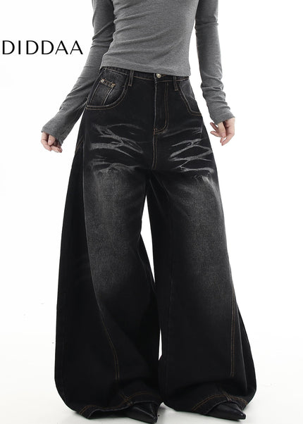 Black Vintage Whisker Washed Wide-Leg Scimitar Jeans - Women’s Jeans