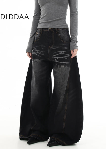 Black Whisker Wash Loose Wide Leg Machete Jeans - Women’s Jeans
