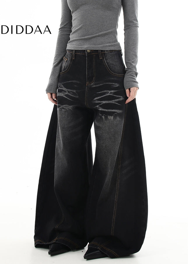 Black Whisker Wash Loose Wide Leg Machete Jeans - Women’s Jeans