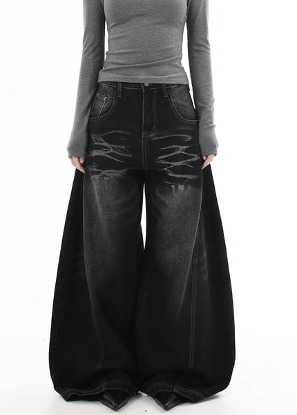 Black Whisker Wash Loose Wide Leg Machete Jeans - Women’s Jeans