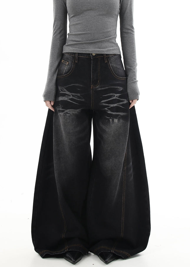 Black Whisker Wash Loose Wide Leg Machete Jeans - Women’s Jeans