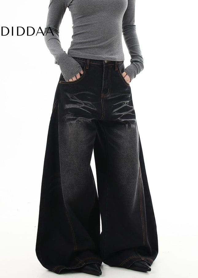 Black Whisker Wash Loose Wide Leg Machete Jeans - Women’s Jeans