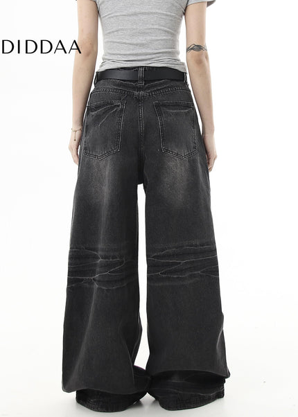 Black Whiskering Baggy Wide-Leg Jeans for All - Women’s Jeans