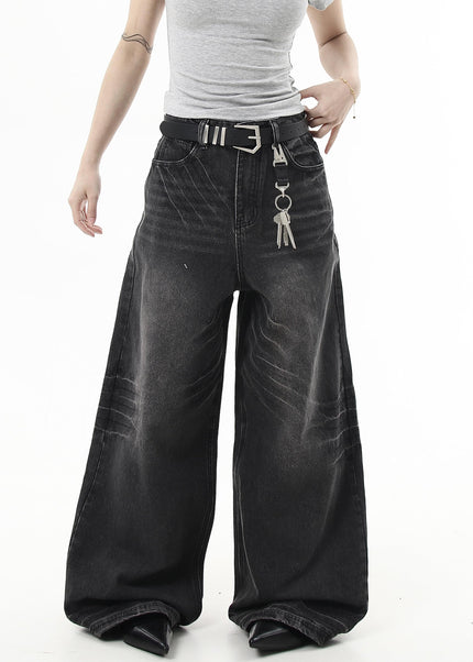 Black Whiskering Baggy Wide-Leg Jeans for All - Women’s Jeans