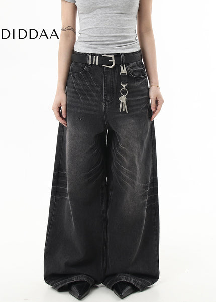 Black Whiskering Baggy Wide-Leg Jeans for All - Women’s Jeans