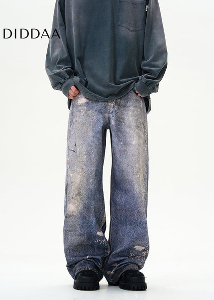 Blue 3D Digital Wide-Leg Jeans for Couples - Women’s Jeans