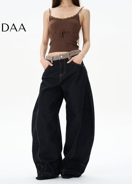 Blue American Retro Plush Stitching Couple Pants - S / Black - Women’s Jeans