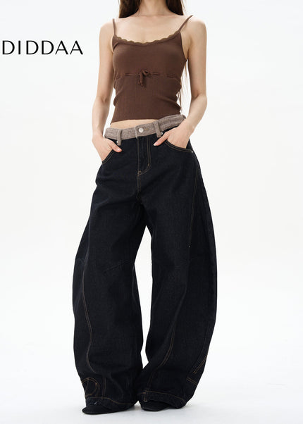 Blue American Retro Plush Stitching Couple Pants - Women’s Jeans