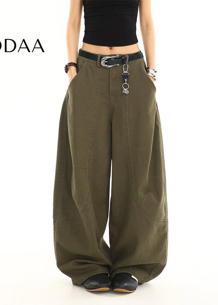 Black Loose Draped Wide Leg Scimitar Jeans for Women - S / Green - Women’s Jeans