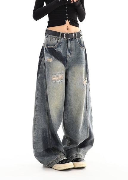 Blue Distressed American Retro Wide Leg Jeans - Women’s Jeans