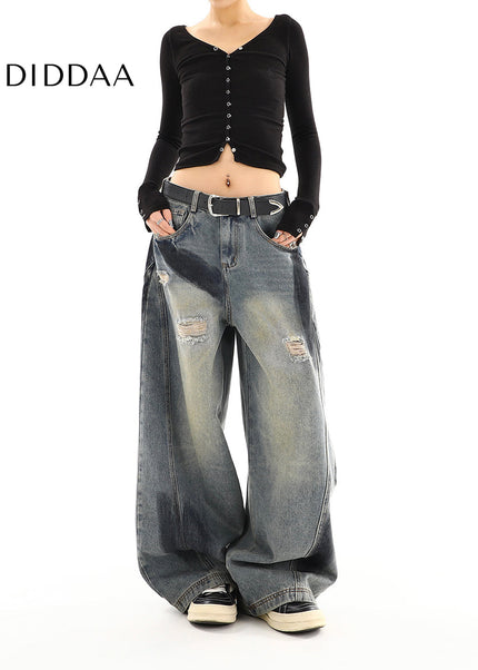 Blue Distressed American Retro Wide Leg Jeans - Women’s Jeans