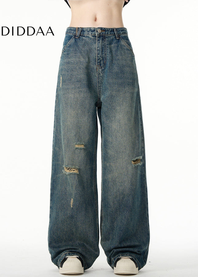 Blue Distressed Loose Fit Straight Jeans for Men - Men’s Jeans