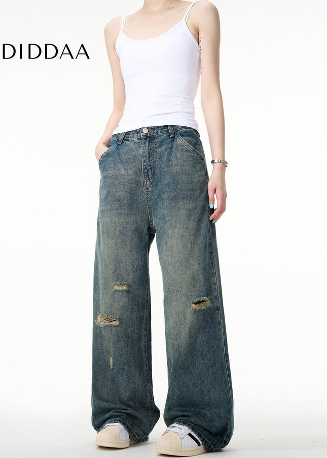 Blue Distressed Loose Fit Straight Jeans for Men - Men’s Jeans