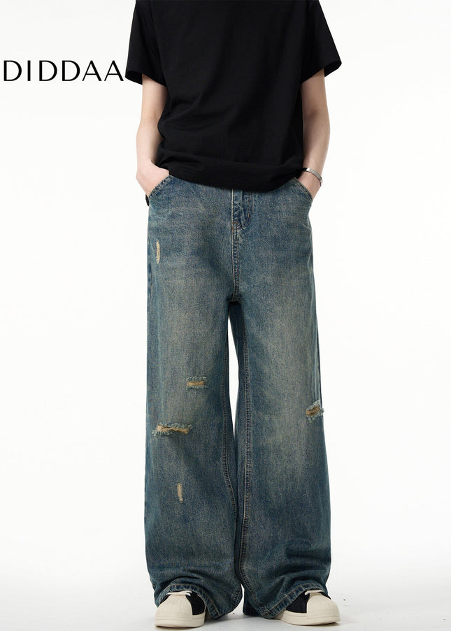 Blue Distressed Loose Fit Straight Jeans for Men - Men’s Jeans