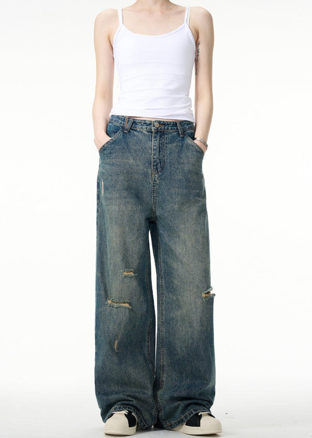 Blue Distressed Loose Fit Straight Jeans for Men - Men’s Jeans