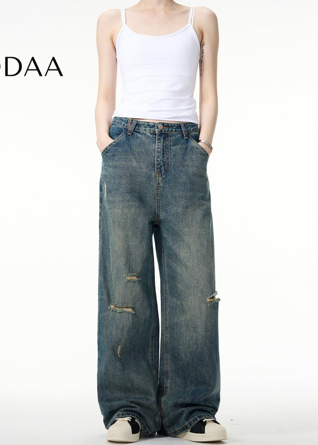 Blue Distressed Loose Fit Straight Jeans for Men - S / Mid Blue - Men’s Jeans