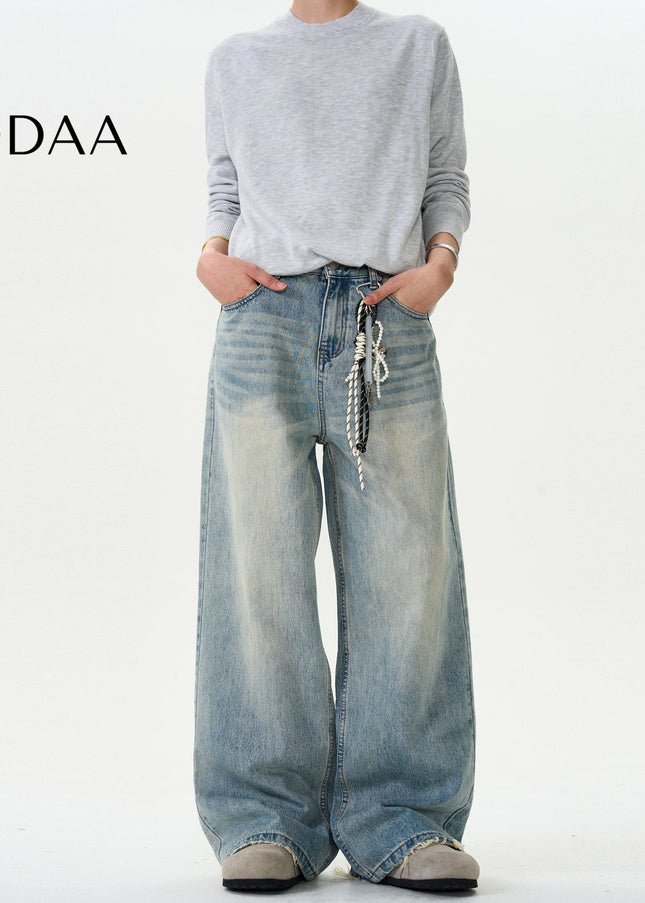 Blue Distressed Loose Fit Straight Leg Jeans - S / Mid Blue - Men’s Jeans