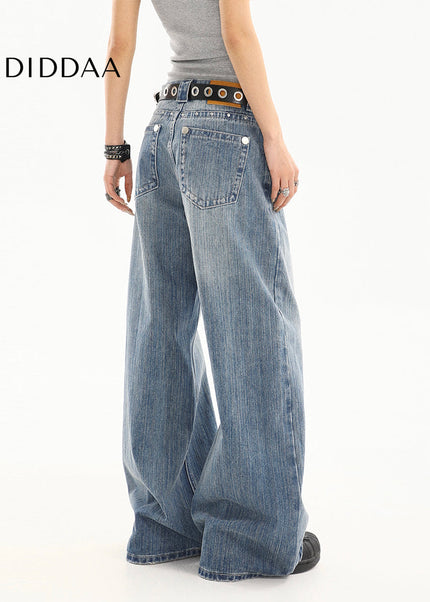 Blue Distressed Loose Straight Wide-Leg Jeans Tide - Women’s Jeans