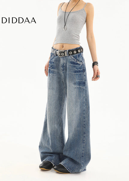 Blue Distressed Loose Straight Wide-Leg Jeans Tide - Women’s Jeans