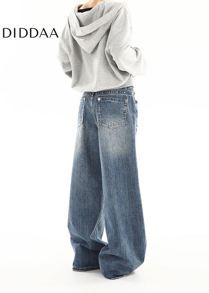 Blue Distressed Low Rise Loose Wide Leg Jeans - Women’s Jeans