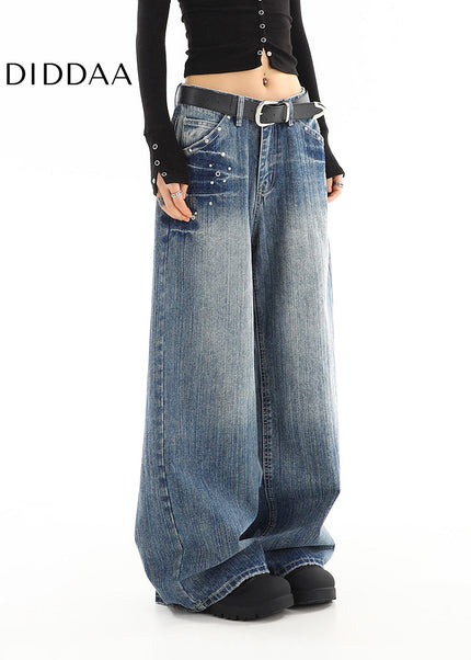 Blue Distressed Low Rise Loose Wide Leg Jeans - Women’s Jeans