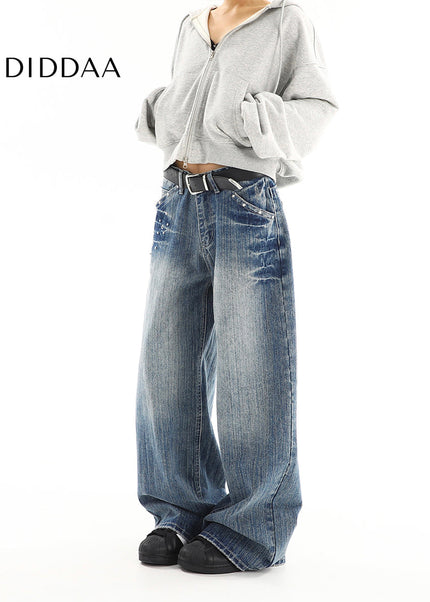 Blue Distressed Low Rise Loose Wide Leg Jeans - Women’s Jeans