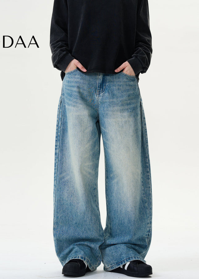 Blue Draped Cut Baggy Wash Jeans Casual Pants for All - S / Mid Blue - Men’s Jeans