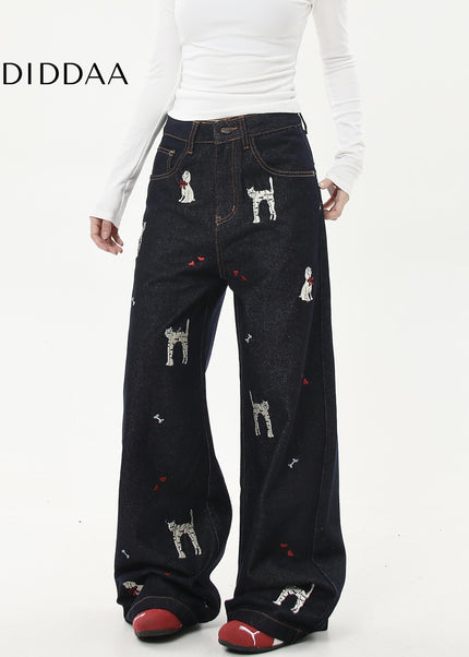 Blue Embroidered Cat Puppy Loose Leg Jeans for All - Women’s Jeans