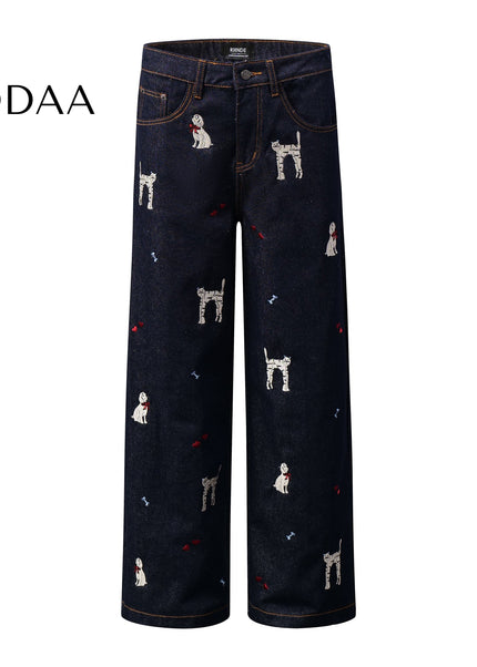 Blue Embroidered Cat Puppy Loose Leg Jeans for All - XS / Dark Blue - Women’s Jeans