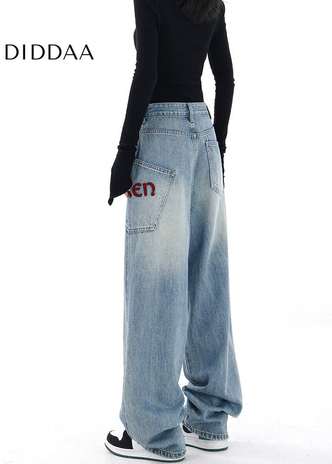 Blue Embroidered High Waist Vintage Wide Leg Jeans - Women’s Jeans