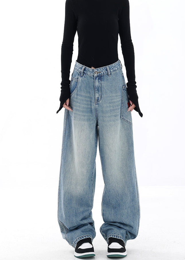 Blue Embroidered High Waist Vintage Wide Leg Jeans - Women’s Jeans