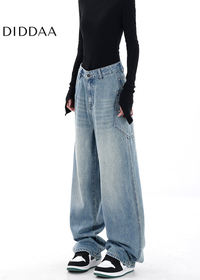 Blue Embroidered High Waist Vintage Wide Leg Jeans - Women’s Jeans