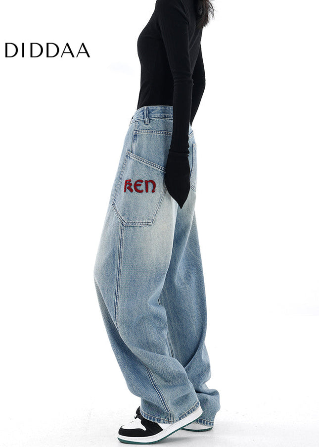 Blue Embroidered High Waist Vintage Wide Leg Jeans - Women’s Jeans