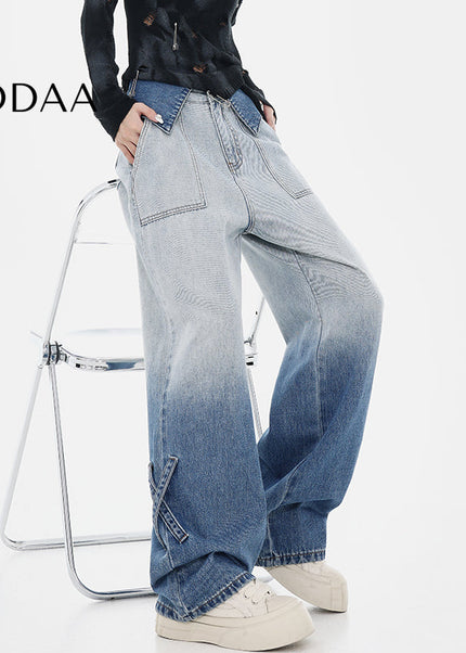 Blue Gradient High Waist Wide Leg Straight Jeans Female - S / Blue - Women’s Jeans