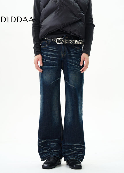 Blue High-Quality Pleated Whiskers Straight-Leg Jeans - Women’s Jeans