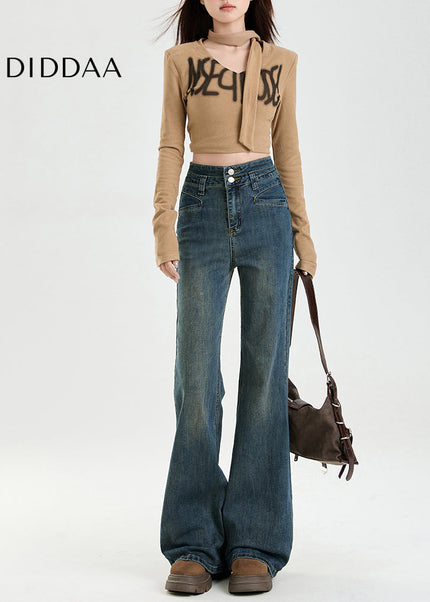 Blue High-Waisted American Retro Flared Jeans - Women’s Jeans