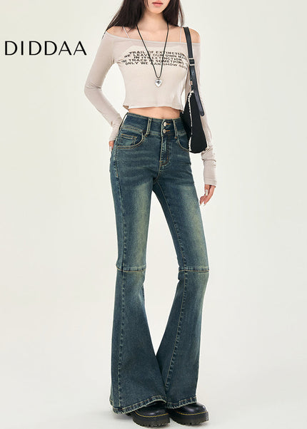 Blue High-Waisted Double-Button Bootcut Jeans - Women’s Jeans